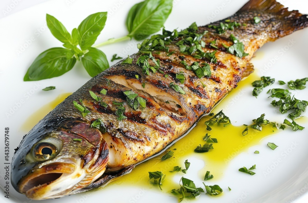 Smoky grilled trout steak with fresh herbs and a drizzle of olive oil, Smoky grilled trout steak with fresh herbs and a drizzle of olive oil,