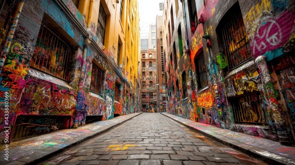 Fototapeta premium Vibrant graffiti art covers the walls of a narrow urban alleyway, creating a colorful and textured scene.