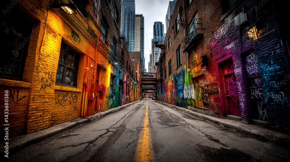 Vibrant urban alleyway with colorful graffiti art on brick walls, converging perspective, and a central yellow line. Vibrant urban alleyway with colorful graffiti art on brick walls, converging perspective, and a central yellow line.