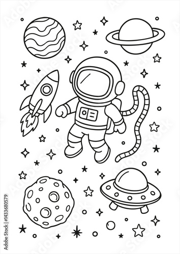 Astronaut coloring page for kids. Fun black and white line art with space explorer, UFO, planets, and stars. Printable worksheet to inspire creativity and learning. 