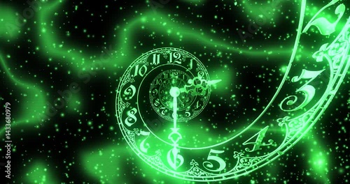 A glowing green spiral clock floats in a starry cosmic space, blending elements of time, fantasy, and futuristic energy. 3D render