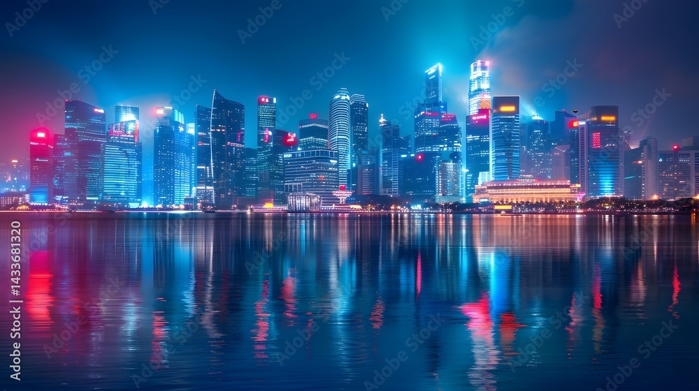 Fototapeta premium Ultra-Realistic Futuristic City Skyline at Night with Neon Reflections over Water 