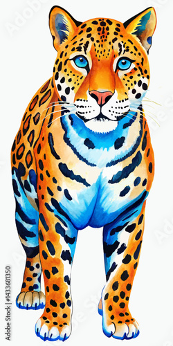 Vibrant Jaguar Illustration with Blue Eyes and Spotted Coat.