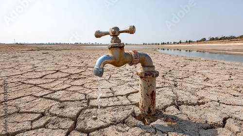 Old water tap dripping in dry cracked land during extreme drought and heat