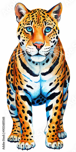 Vibrant Jaguar Illustration with Blue Eyes and Spotted Coat.