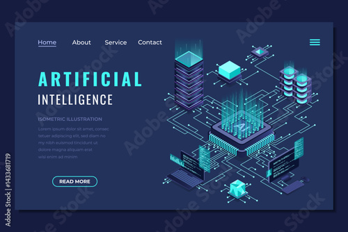 Isometric artificial intelligence landing page. Machine learning technology. Digital technology website landing page. Isometric technology