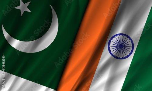 Vector wavy national flags of Islamic Republic of Pakistan and Republic of India. Pakistani and Indian political wide banner. Star, crescent and circle religious symbol