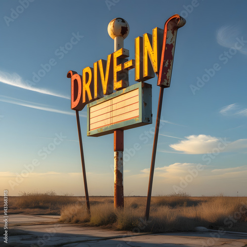 Drive-in Sign at Sunset: An old, weather-beaten drive-in sign stands majestically against a picturesque sunset sky, capturing the essence of nostalgia and timeless charm.