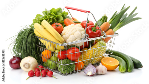 Grocery basket with products concept of fresh food sale or grocery set 3d render on white no shadow. Medium of african american female choosing vegetables in store.