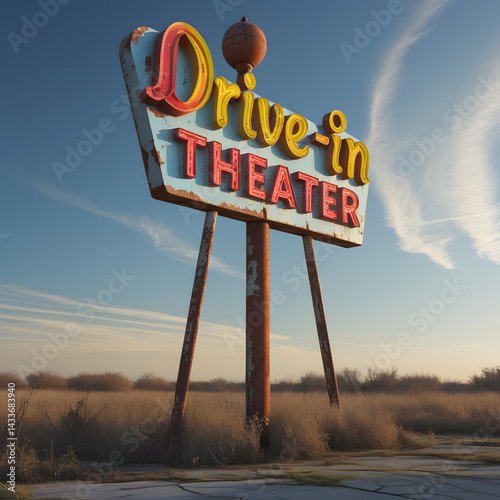 Drive-In Theater Sign: Nostalgic drive-in theater sign stands tall, bathed in the golden light of a clear sky. A symbol of a bygone era of entertainment, evoking a sense of cinematic charm.