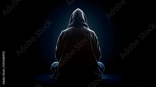 Silhouette Of A Person In A Hoodie Sitting Alone With Back To The Viewer Against A Dark Blue Lit Background
