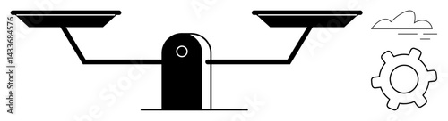 Balanced scale emphasizes fairness and equality, gear represents efficiency, cloud symbolizes innovation. Ideal for balance, harmony, decision-making, fairness, innovation strategy mechanisms. Flat