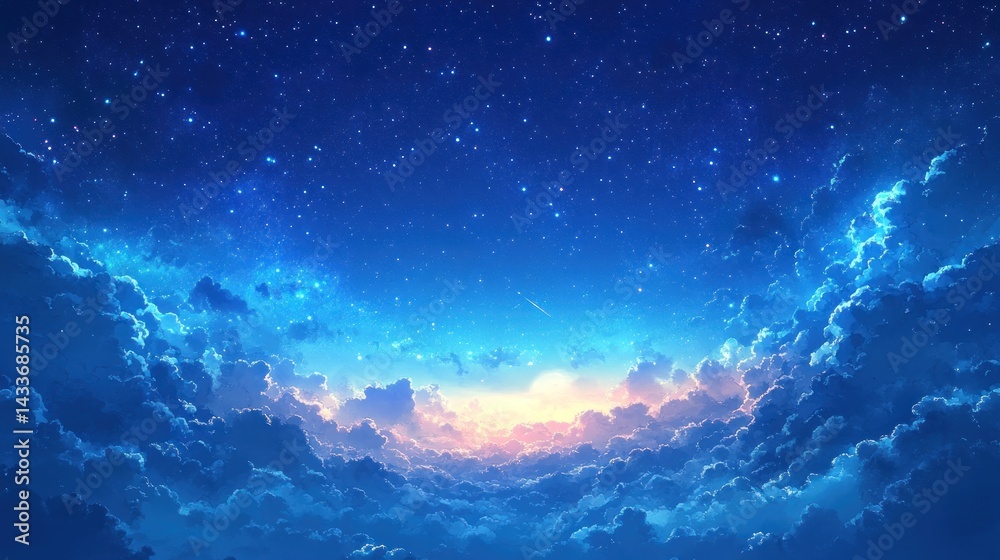 Fototapeta premium A breathtaking view of a starry sky above a sea of fluffy clouds with a glowing sunrise in the distance.