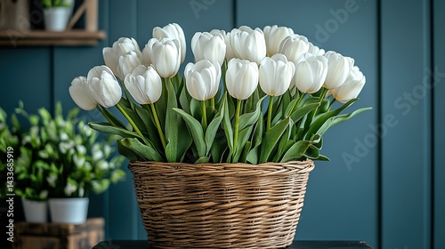 White tulips in a woven basket, spring floral display