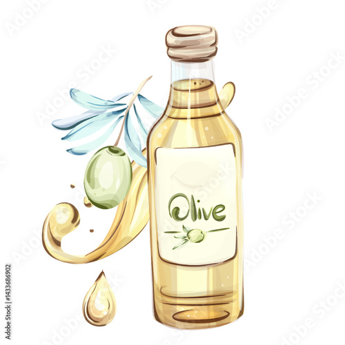 Watercolor illustration showcasing olives and olive oil in an elegant Italian kitchen setting