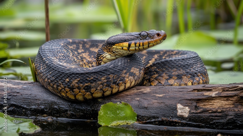 Fototapeta premium Close-Up of a Serpent Resting on a Log in a Serene Wetland Habitat