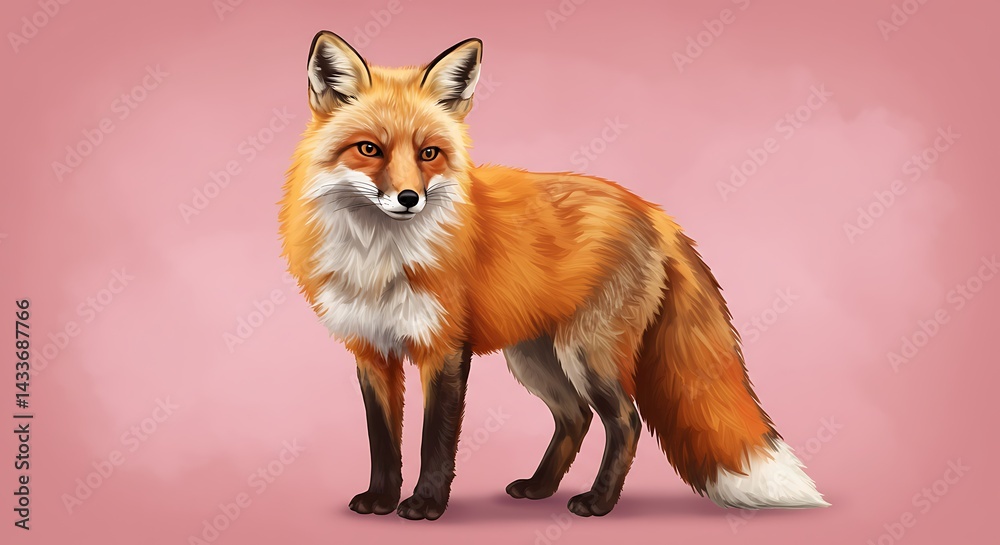 Obraz premium Realistic Portrait of a Red Fox Standing Against a Soft Pink Background