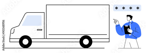 Cargo truck moving forward, monitored by logistics manager holding clipboard, pointing. Ideal for logistics, delivery, freight, transportation, supply chain management teamwork. Flat simple