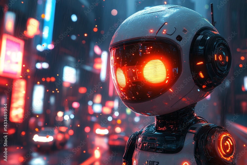 Robot exploring neon city at night Robot exploring neon city at night
