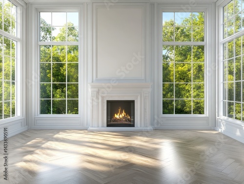Windows Home. Luxurious Living Room with Big Windows, Hardwood Floors, Fireplace in New Estate House
