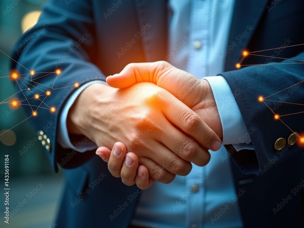 Man shakes hands with another man in a suit. The man's hand is on the other man's shoulder