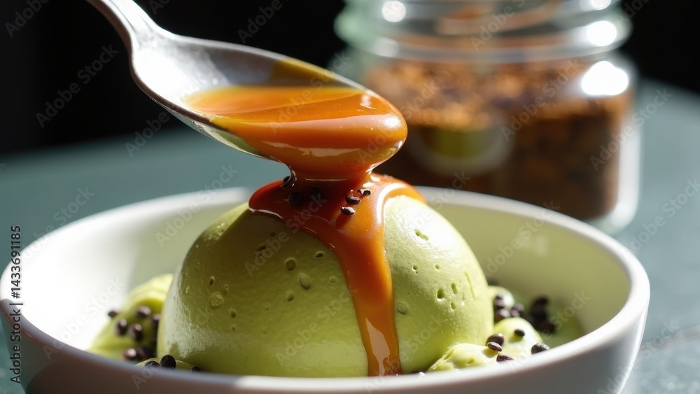 Spoon is pouring a caramel sauce over a green ice cream in a white bowl. The bowl is placed on a table