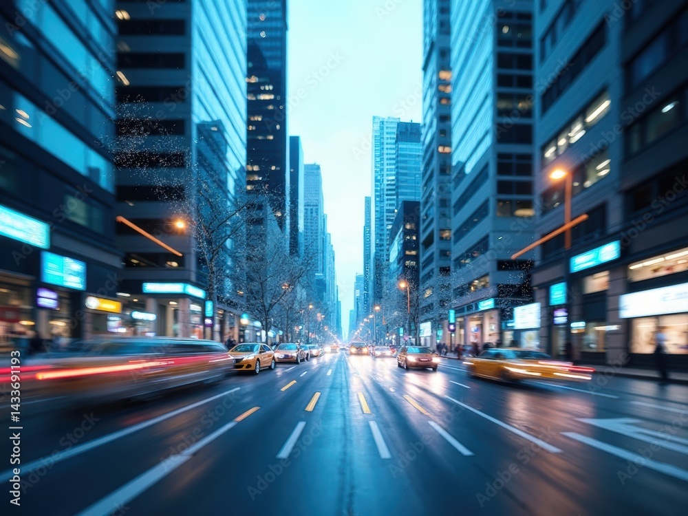 Busy city street with cars and pedestrians. The street is wet and the cars are moving quickly