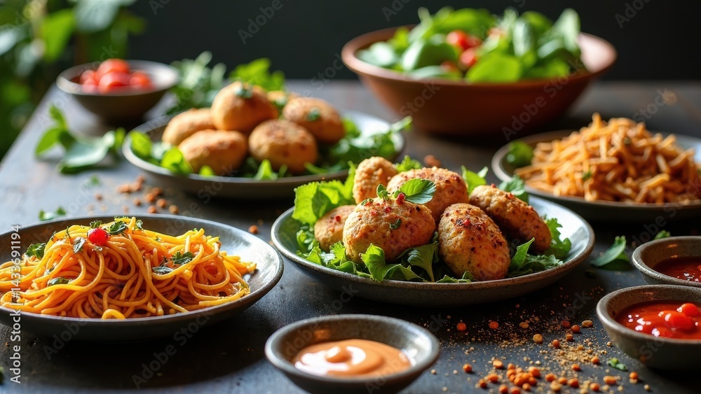 Table with a variety of food, including pasta, salad, and meatballs. The table is set with plates and bowls, and there are condiments like ketchup