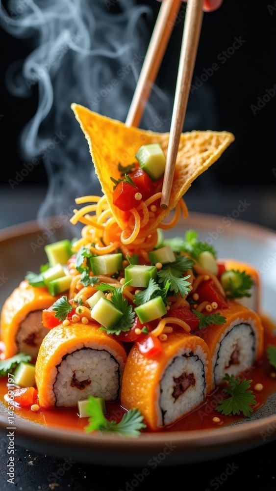 Plate of food with a person using chopsticks to eat it. The food is a roll with vegetables and sauce