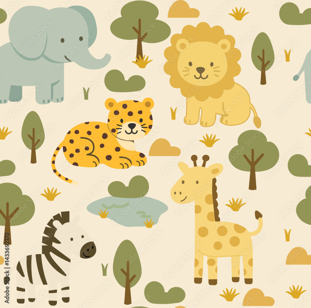 Naklejka premium Seamless Safari Baby Animal Vector Pattern – Elephants, Giraffes, Lions, Zebras – Flat Hand-Drawn Style for Kids’ Fabrics, Nursery Prints, Wrapping Paper