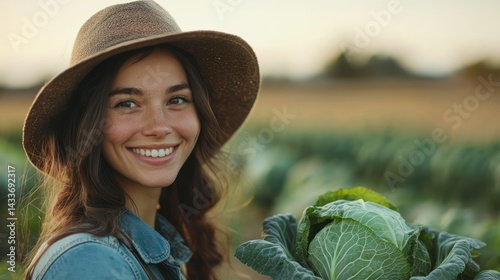 Smiling woman holds freshly harvested cabbage, radiating pride in sustainable farming, harvest season, natural produce.