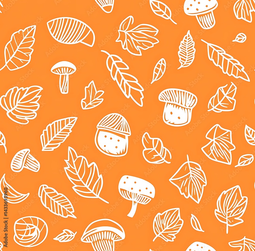 Yellow and orange background with a white outline seamless pattern of acorns, leaves, and mushrooms Yellow and orange background with a white outline seamless pattern of acorns, leaves, and mushrooms