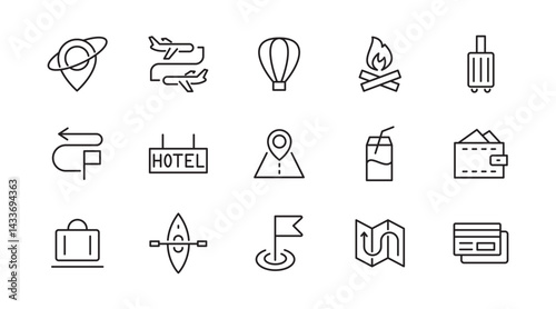 Travel linear icon set. Hotels, tourism, tourist transport, locations, gps,  room, adventure, nature, bag, compass, trip, tour vector icon set. UI thin line icon pack.