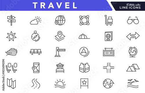 Travel linear icon set. Hotels, tourism, tourist transport, locations, gps,  room, adventure, nature, bag, compass, trip, tour vector icon set. UI thin line icon pack.