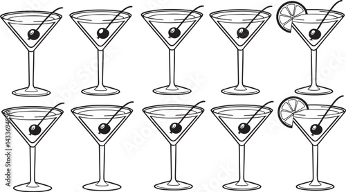 Martini Glasses Collection: An artful arrangement of martini glasses, each adorned with a single cherry and a lemon slice, evoking the elegance of a classic cocktail.