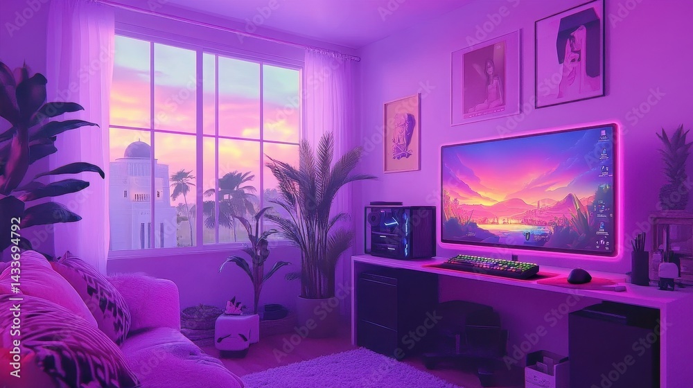 Cozy Gaming Room with Vibrant Purple Lighting and Modern Décor