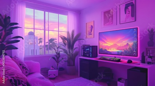 Obraz na płótnie Cozy Gaming Room with Vibrant Purple Lighting and Modern Décor w salonie