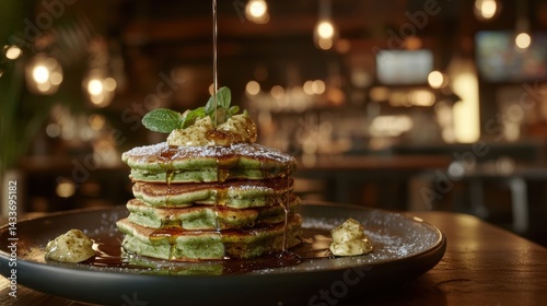 Obraz na płótnie Delicious Green Pancakes with Maple Syrup and Mint Garnish w salonie