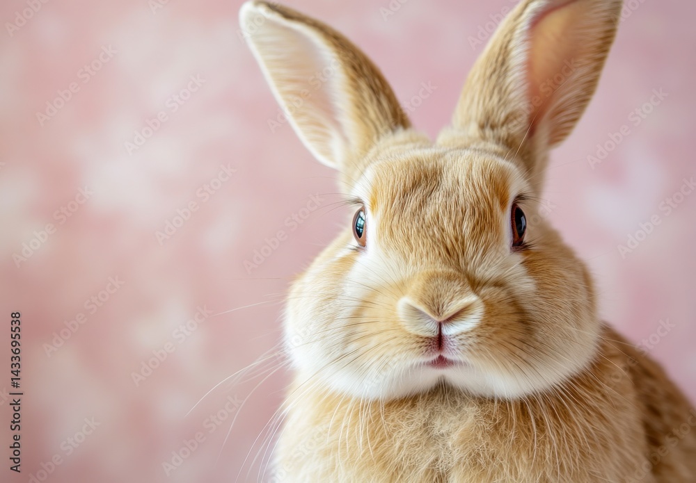 Obraz premium Close Up Fluffy Brown Rabbit Portrait Against Pink Background