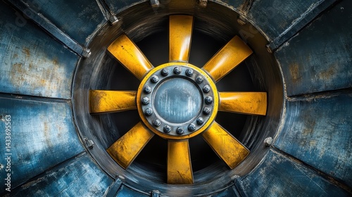 Obraz na płótnie Detailed Close-Up of Vintage Industrial Fan with Yellow Blades w salonie