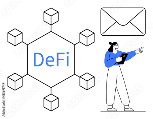 Blockchain linked hexagons labeled DeFi, professional woman holding tablet and gesturing, mail icon. Ideal for finance, fintech, blockchain, technology, digital economy, education simple landing