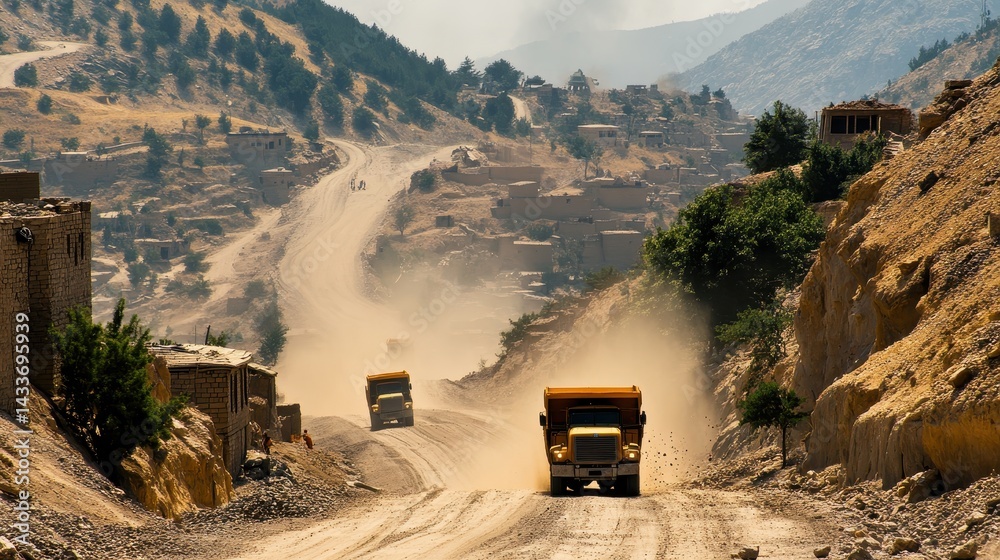 Dusty Mountain Road with Heavy Trucks in Remote Landscape