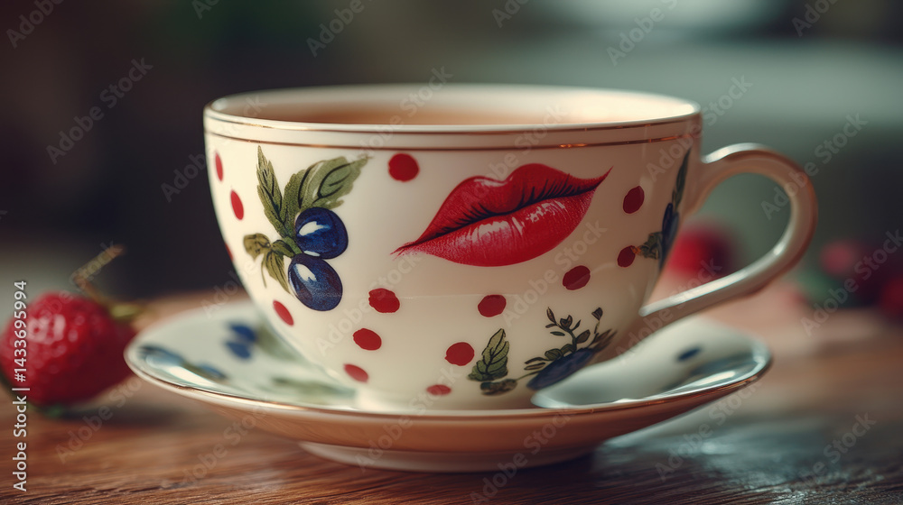 Fototapeta premium Vintage coffee cup with lipstick marks resting on a wooden table in soft morning light, evoking a nostalgic mood