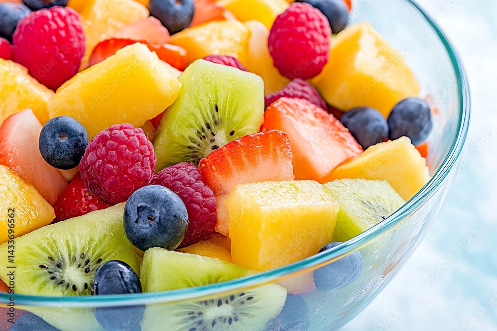 Vibrant fruit salad with kiwi, raspberry, blueberry, pineapple in glass bowl Vibrant fruit salad with kiwi, raspberry, blueberry, pineapple in glass bowl