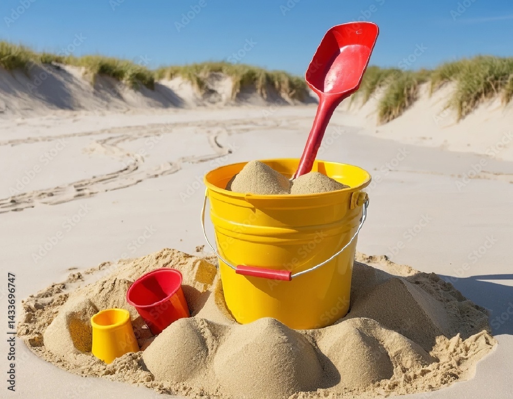 A bucket filled with sand, a shovel and small toy molds against a sunny sky. AI generated.