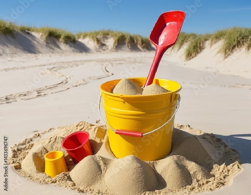 Obraz na płótnie A bucket filled with sand, a shovel and small toy molds against a sunny sky. AI generated. w salonie