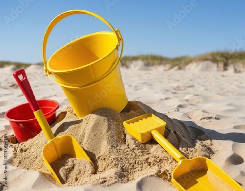 A bucket filled with sand, a shovel and small toy molds against a sunny sky. AI generated.