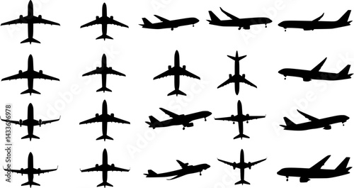 set of passenger planes silhouette, collection of airplanes in flat style vector