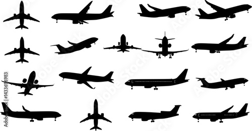 set of passenger planes silhouette, collection of airplanes in flat style vector