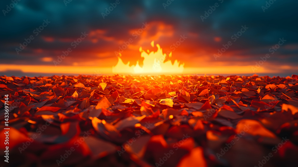 Obraz premium Fiery sky sun setting over a field of orange leaves